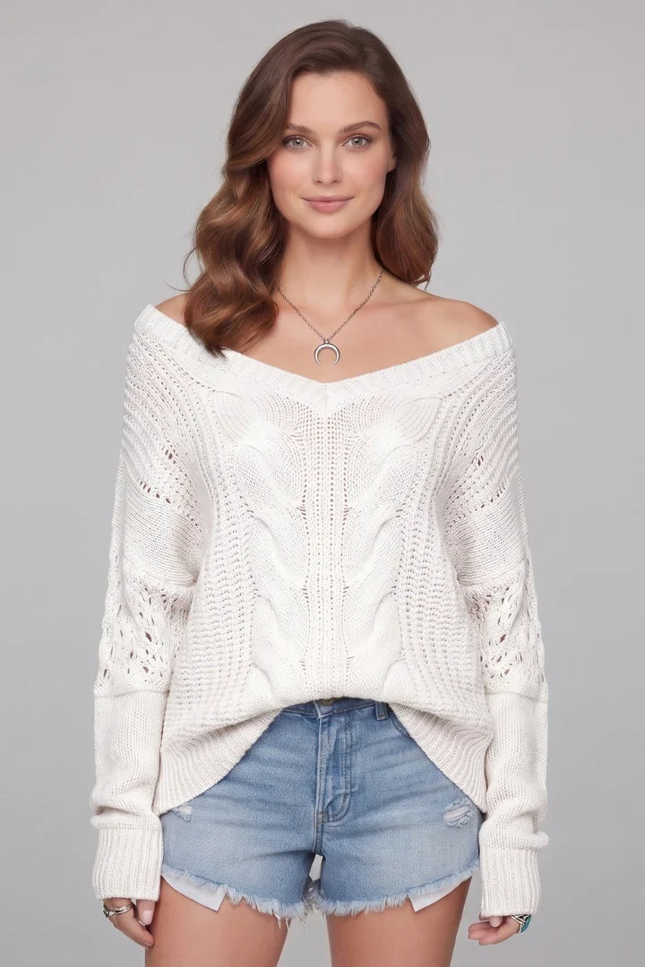 Morgane | Women's Cable-Knit V-Neck Long-Sleeve Oversized Sweater