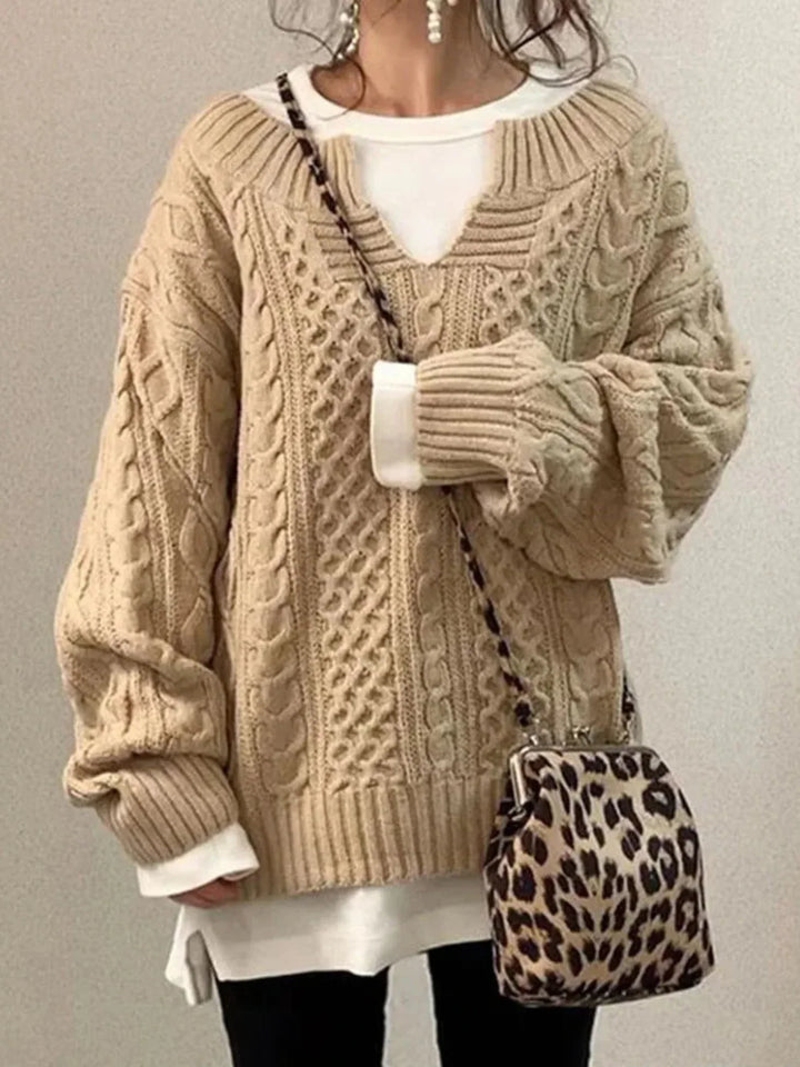 Olympe | Women's Cable-Knit V-Neck Long-Sleeve Relaxed Cardigan