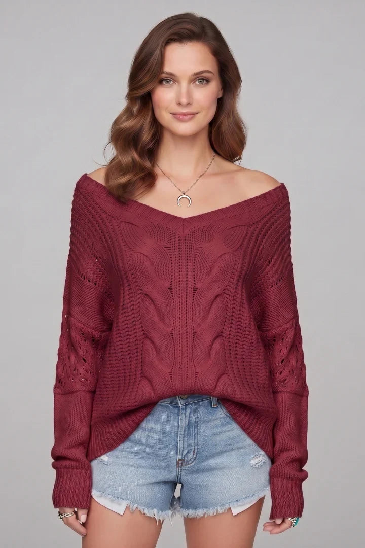 Morgane | Women's Cable-Knit V-Neck Long-Sleeve Oversized Sweater