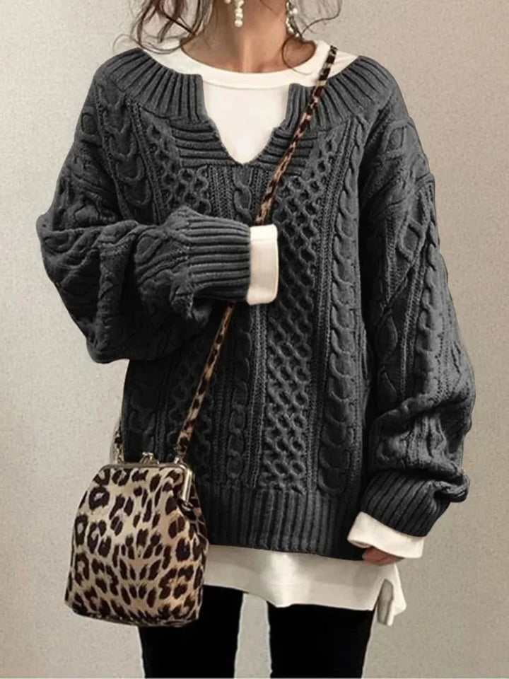 Olympe | Women's Cable-Knit V-Neck Long-Sleeve Relaxed Cardigan