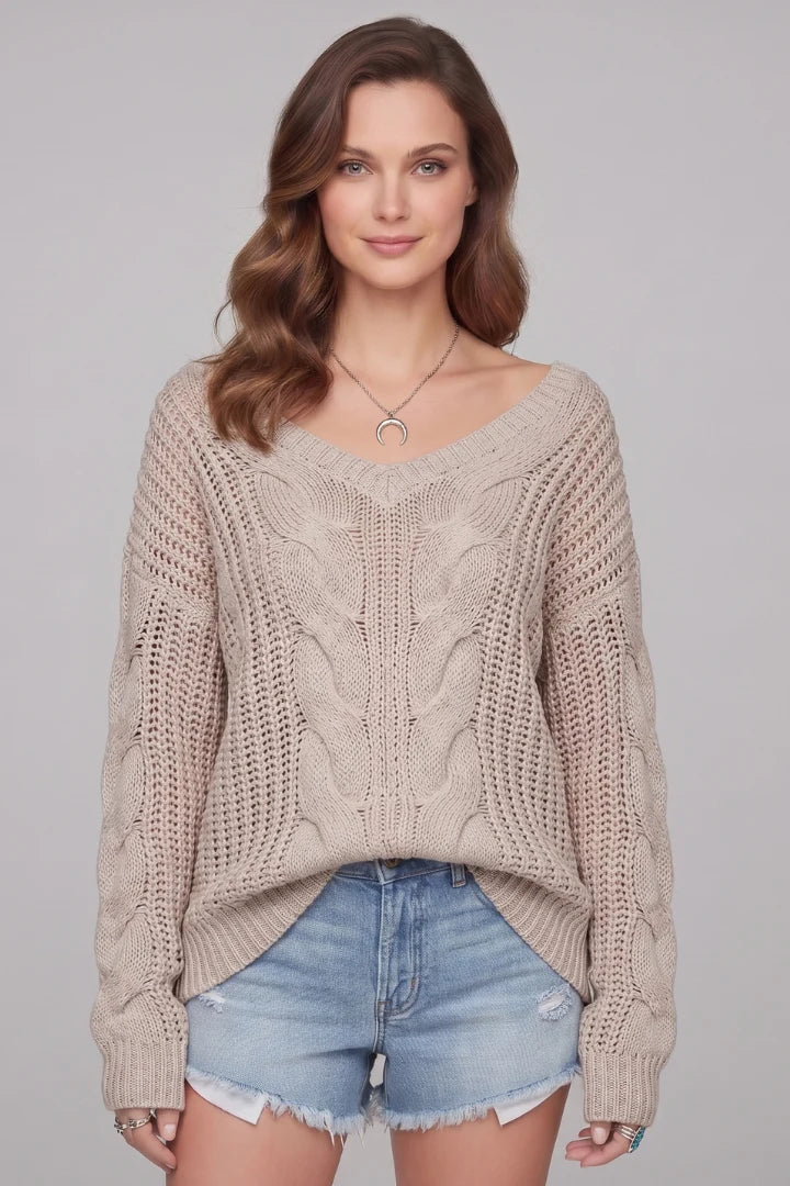 Morgane | Women's Cable-Knit V-Neck Long-Sleeve Oversized Sweater