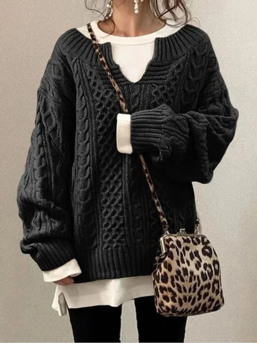 Olympe | Women's Cable-Knit V-Neck Long-Sleeve Relaxed Cardigan