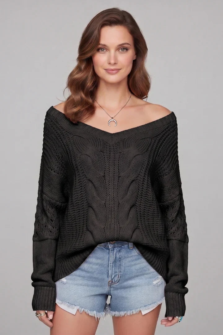 Morgane | Women's Cable-Knit V-Neck Long-Sleeve Oversized Sweater