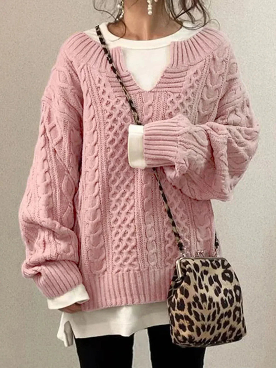 Olympe | Women's Cable-Knit V-Neck Long-Sleeve Relaxed Cardigan