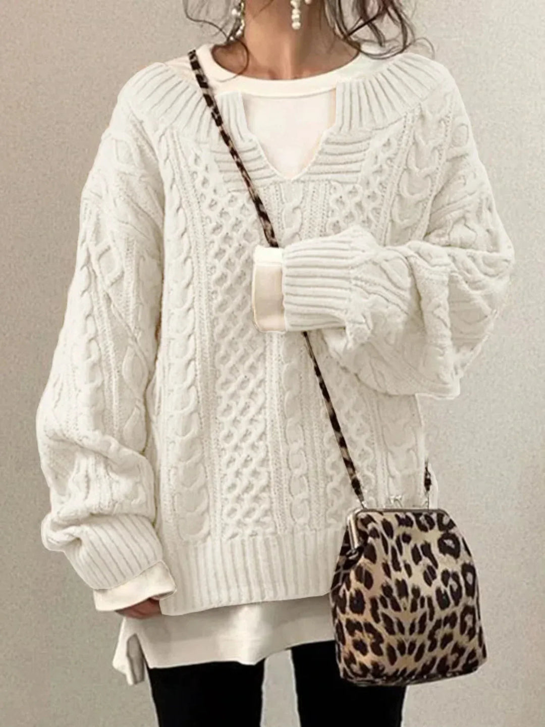 Olympe | Women's Cable-Knit V-Neck Long-Sleeve Relaxed Cardigan