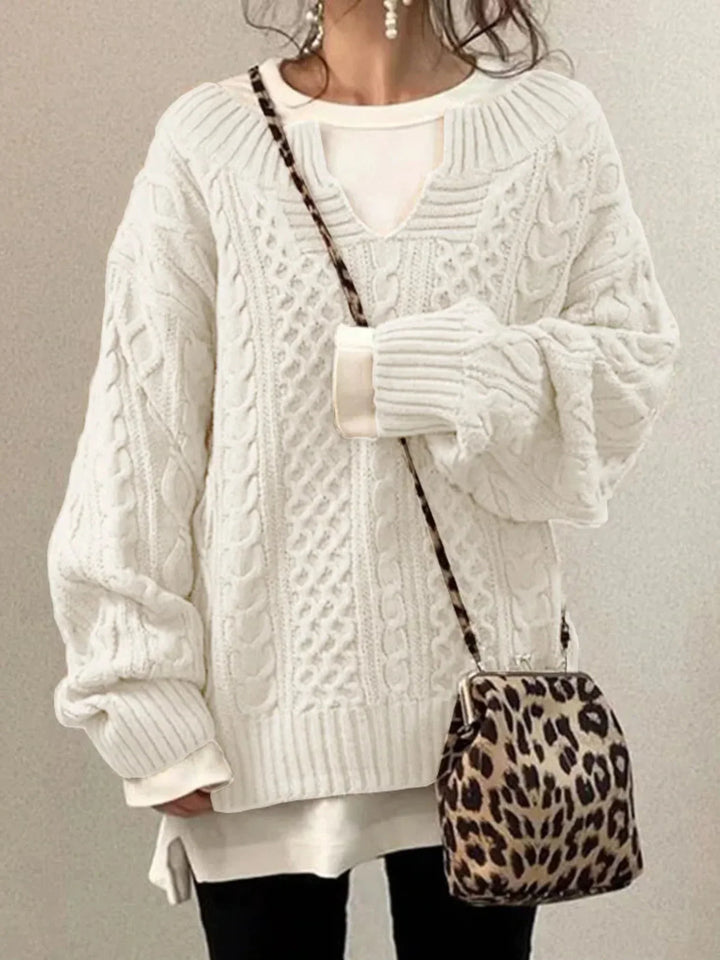 Olympe | Women's Cable-Knit V-Neck Long-Sleeve Relaxed Cardigan