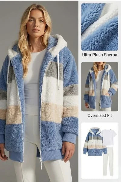 Margarethe | Women's Sherpa Hooded Zip-Front Oversized Coat