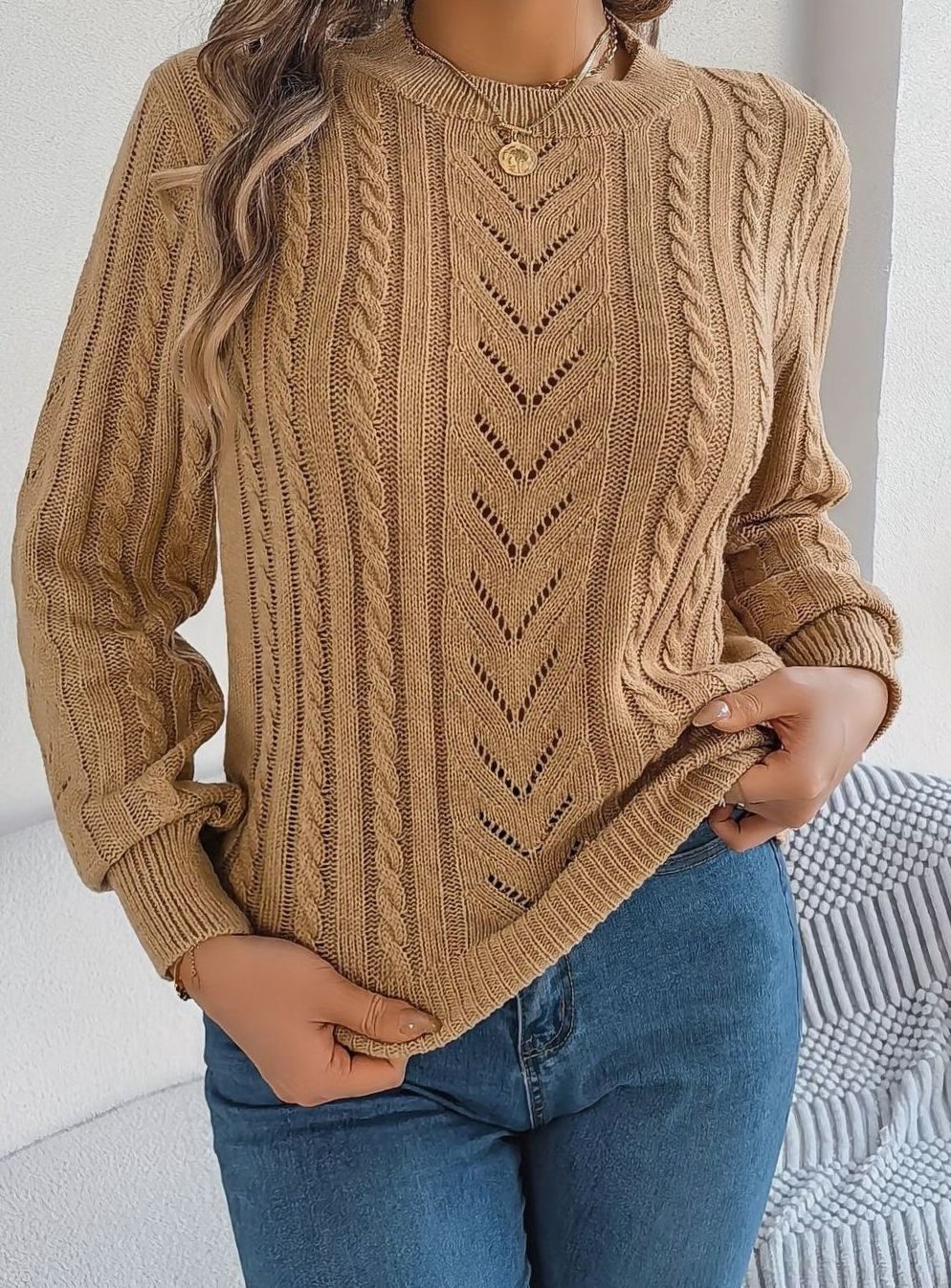 Norberta | Women's Cable-Knit Crew-Neck Long-Sleeve Relaxed Sweater