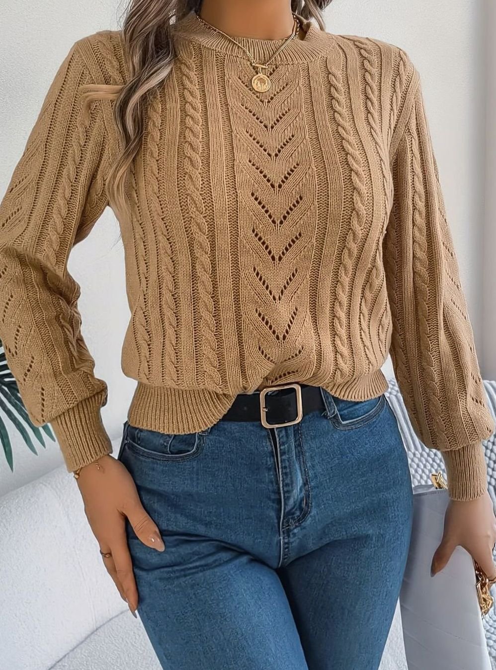 Norberta | Women's Cable-Knit Crew-Neck Long-Sleeve Relaxed Sweater