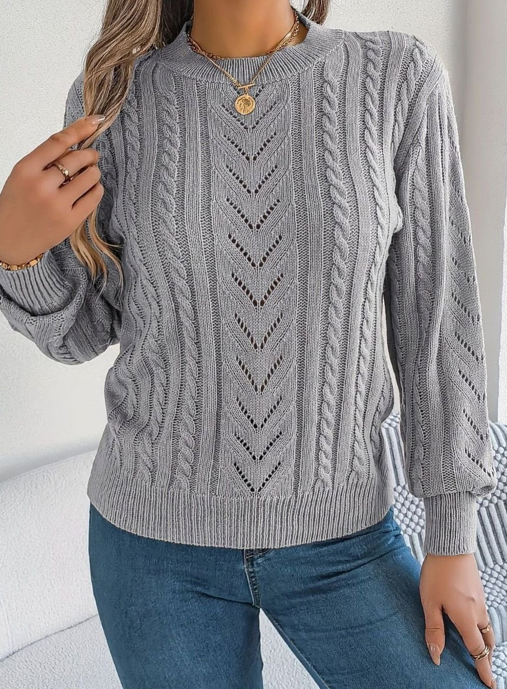 Norberta | Women's Cable-Knit Crew-Neck Long-Sleeve Relaxed Sweater