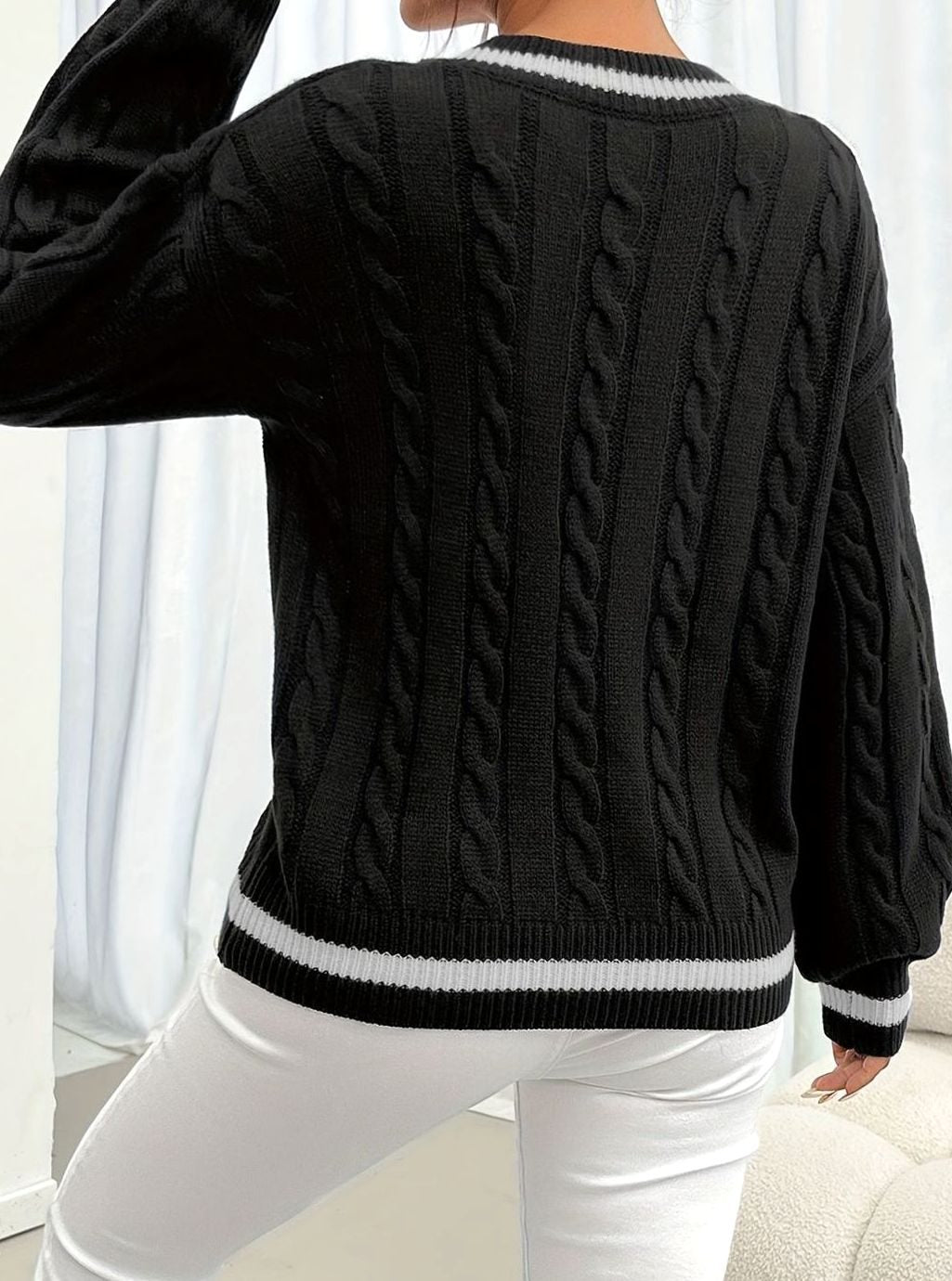 Merewen | Women's Cable-Knit Striped V-Neck Drop-Shoulder Sweater