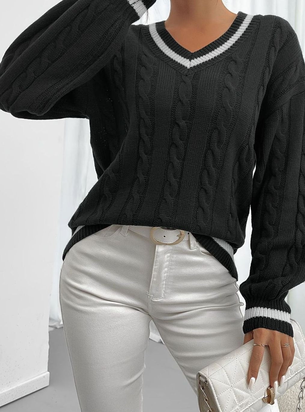Merewen | Women's Cable-Knit Striped V-Neck Drop-Shoulder Sweater