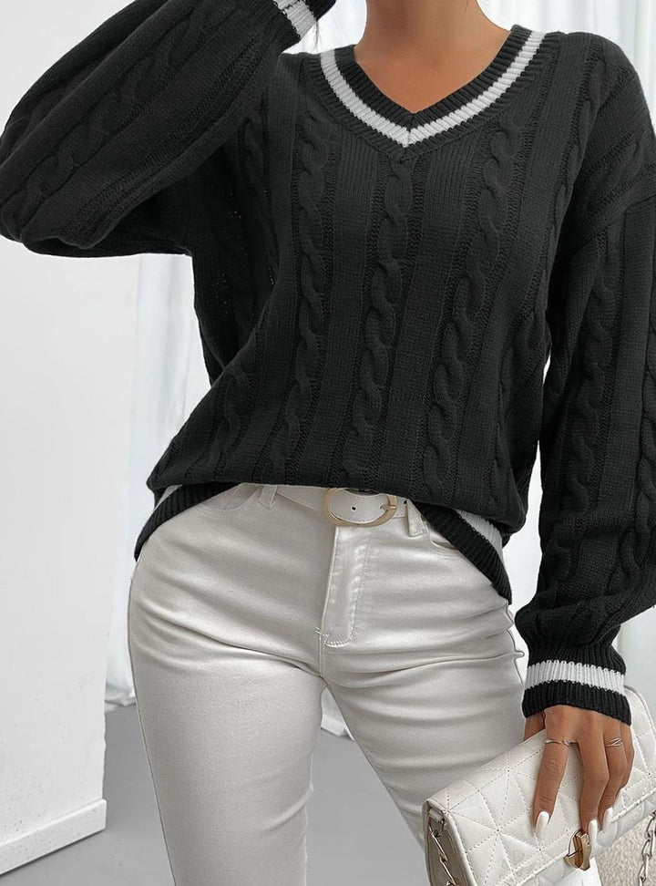 Merewen | Women's Cable-Knit Striped V-Neck Drop-Shoulder Sweater