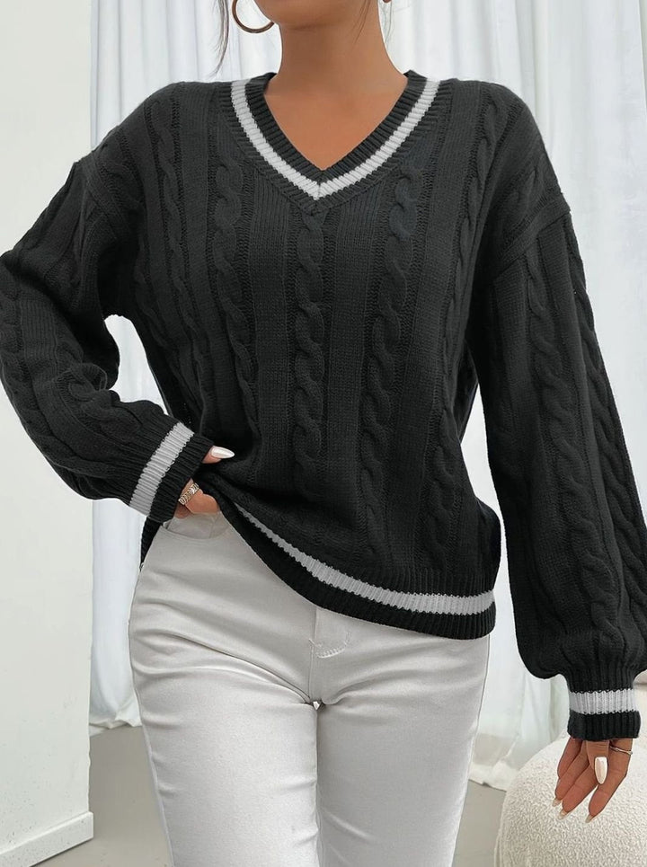 Merewen | Women's Cable-Knit Striped V-Neck Drop-Shoulder Sweater