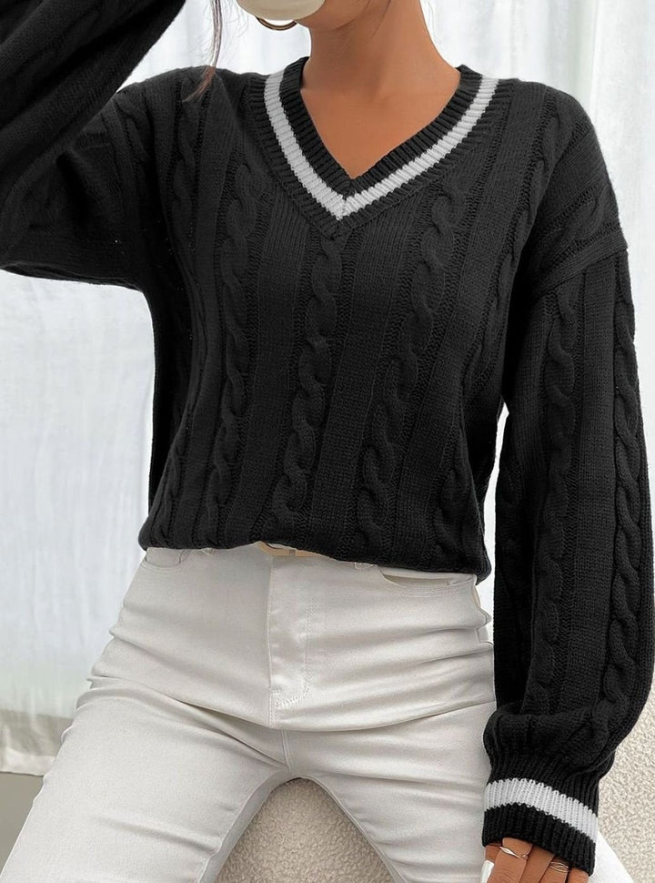 Merewen | Women's Cable-Knit Striped V-Neck Drop-Shoulder Sweater