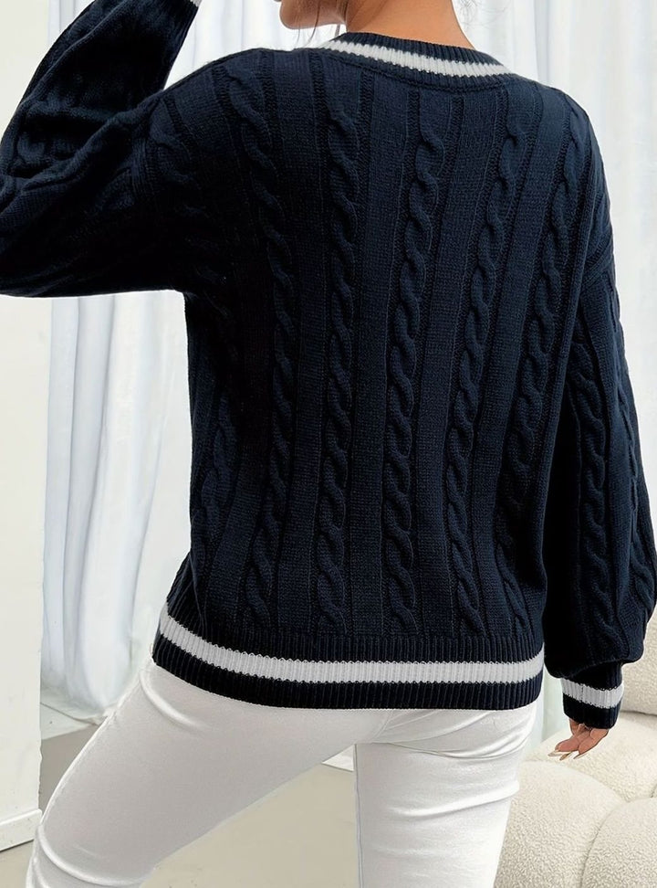 Merewen | Women's Cable-Knit Striped V-Neck Drop-Shoulder Sweater