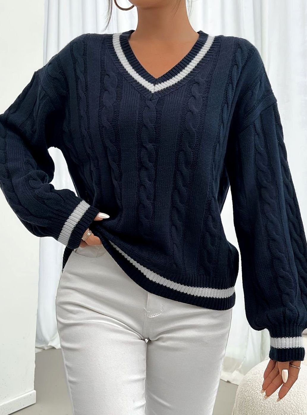 Merewen | Women's Cable-Knit Striped V-Neck Drop-Shoulder Sweater