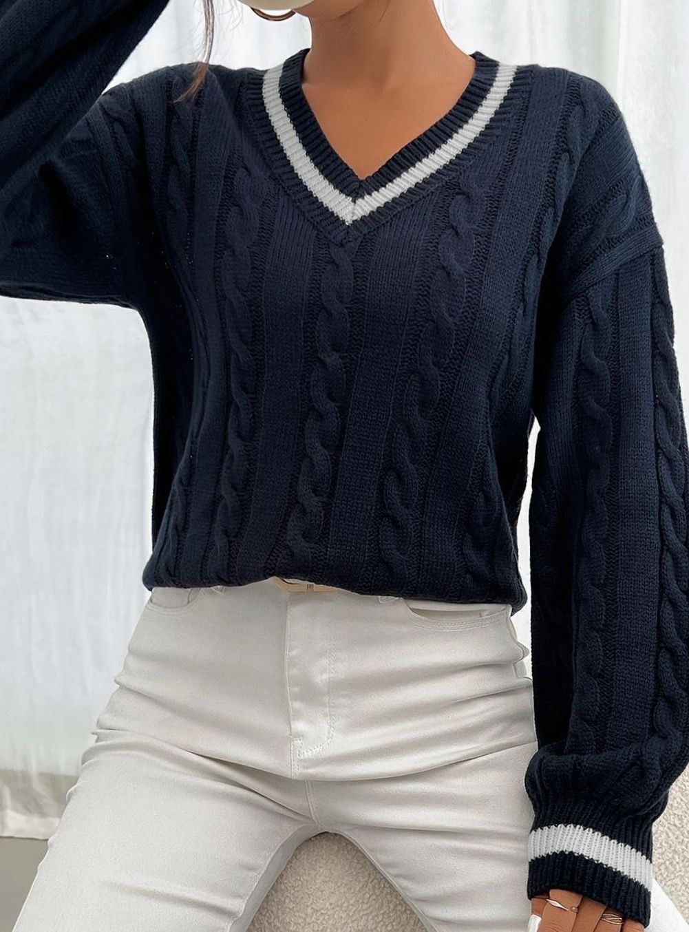 Merewen | Women's Cable-Knit Striped V-Neck Drop-Shoulder Sweater