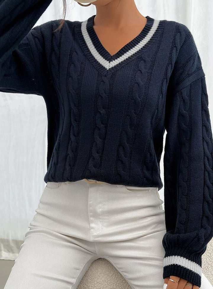 Merewen | Women's Cable-Knit Striped V-Neck Drop-Shoulder Sweater