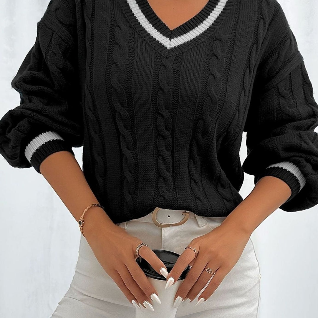 Merewen | Women's Cable-Knit Striped V-Neck Drop-Shoulder Sweater