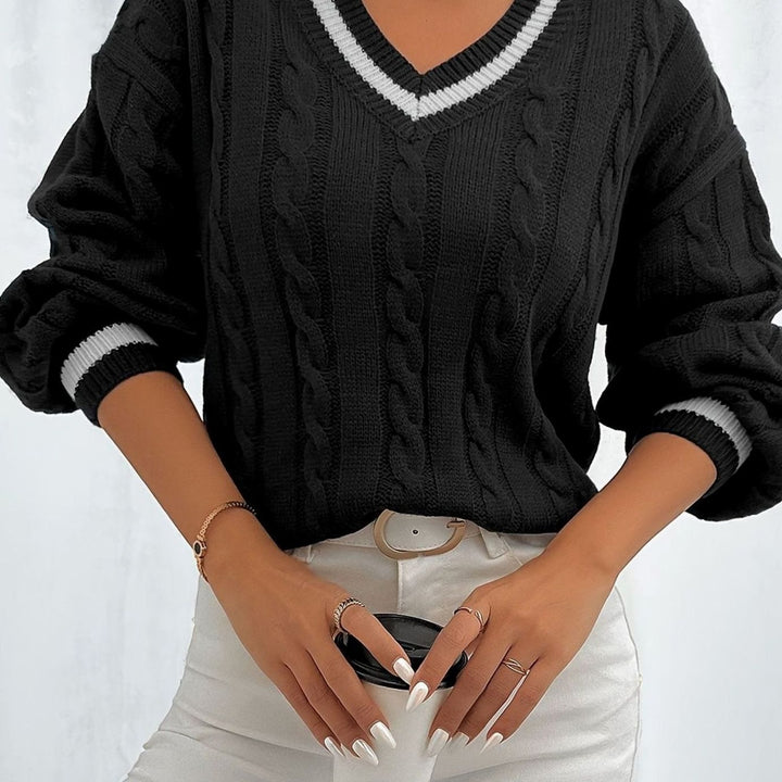 Merewen | Women's Cable-Knit Striped V-Neck Drop-Shoulder Sweater