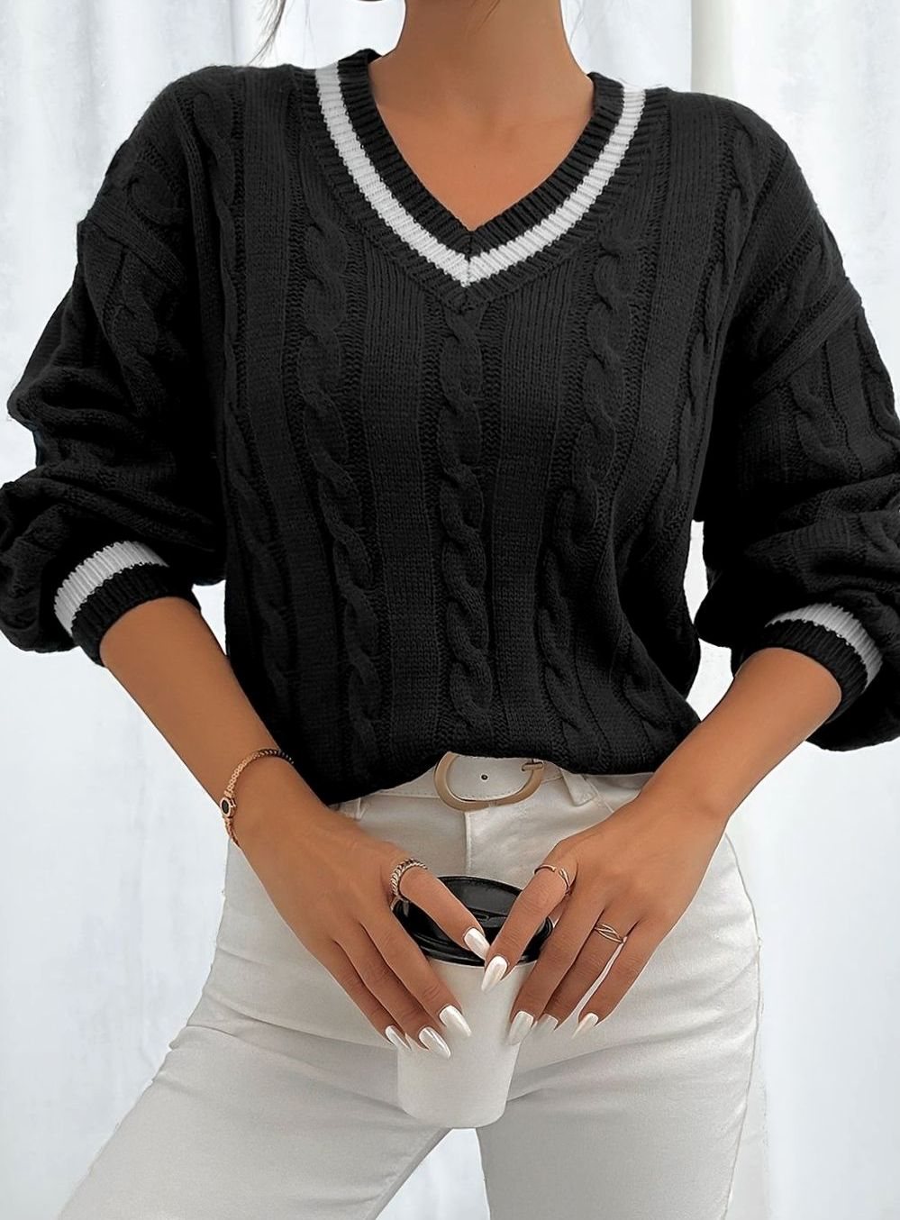 Merewen | Women's Cable-Knit Striped V-Neck Drop-Shoulder Sweater