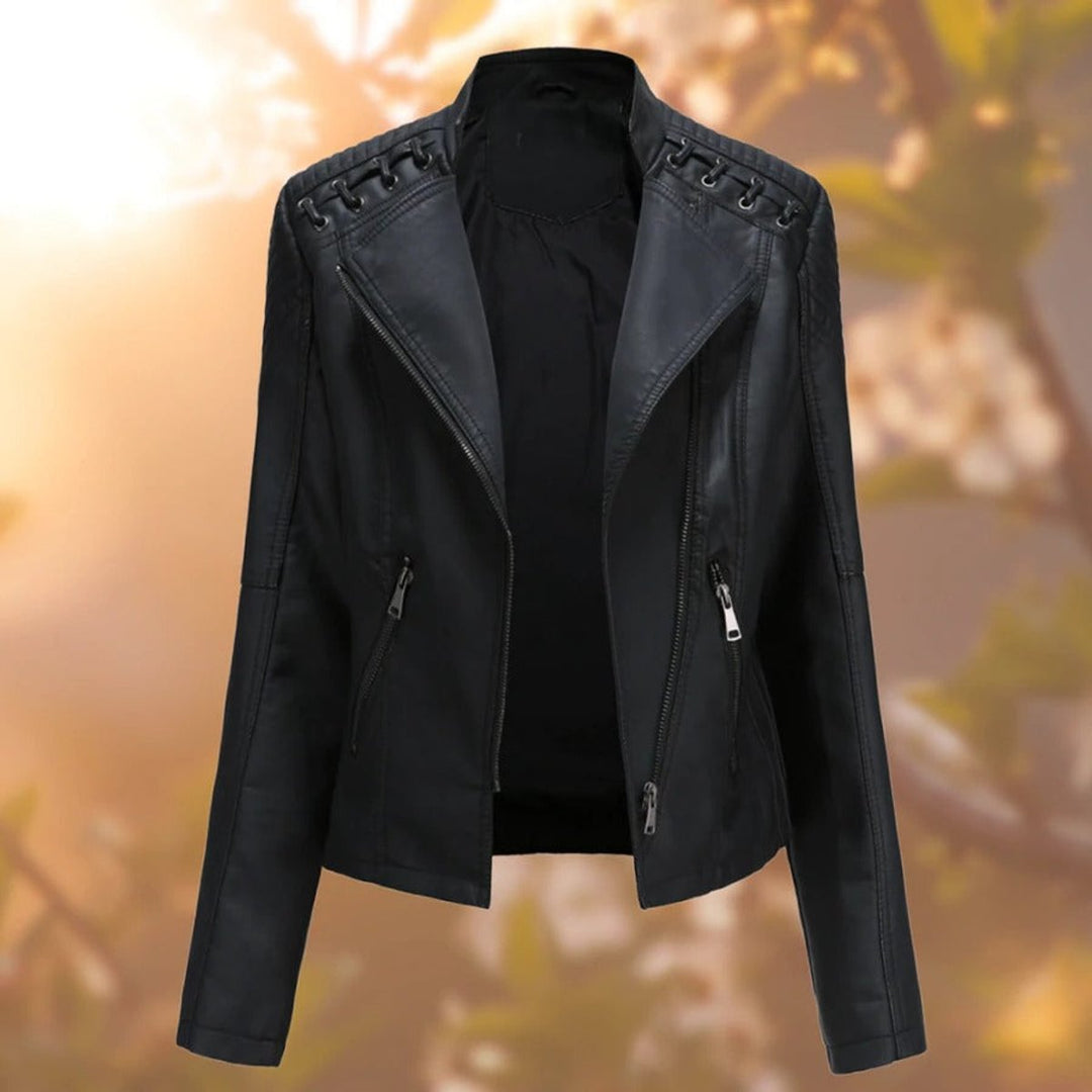 Radegonde | Women's Faux-Leather Pocket Stand-Collar Zip-Front Jacket