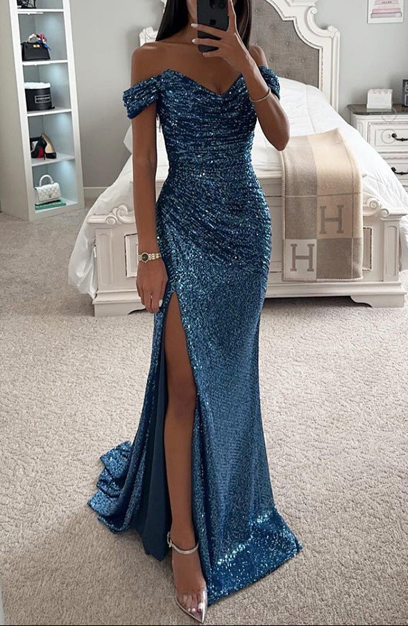 Eulalie | Women's Sequin Ruched Off-Shoulder Maxi Dress