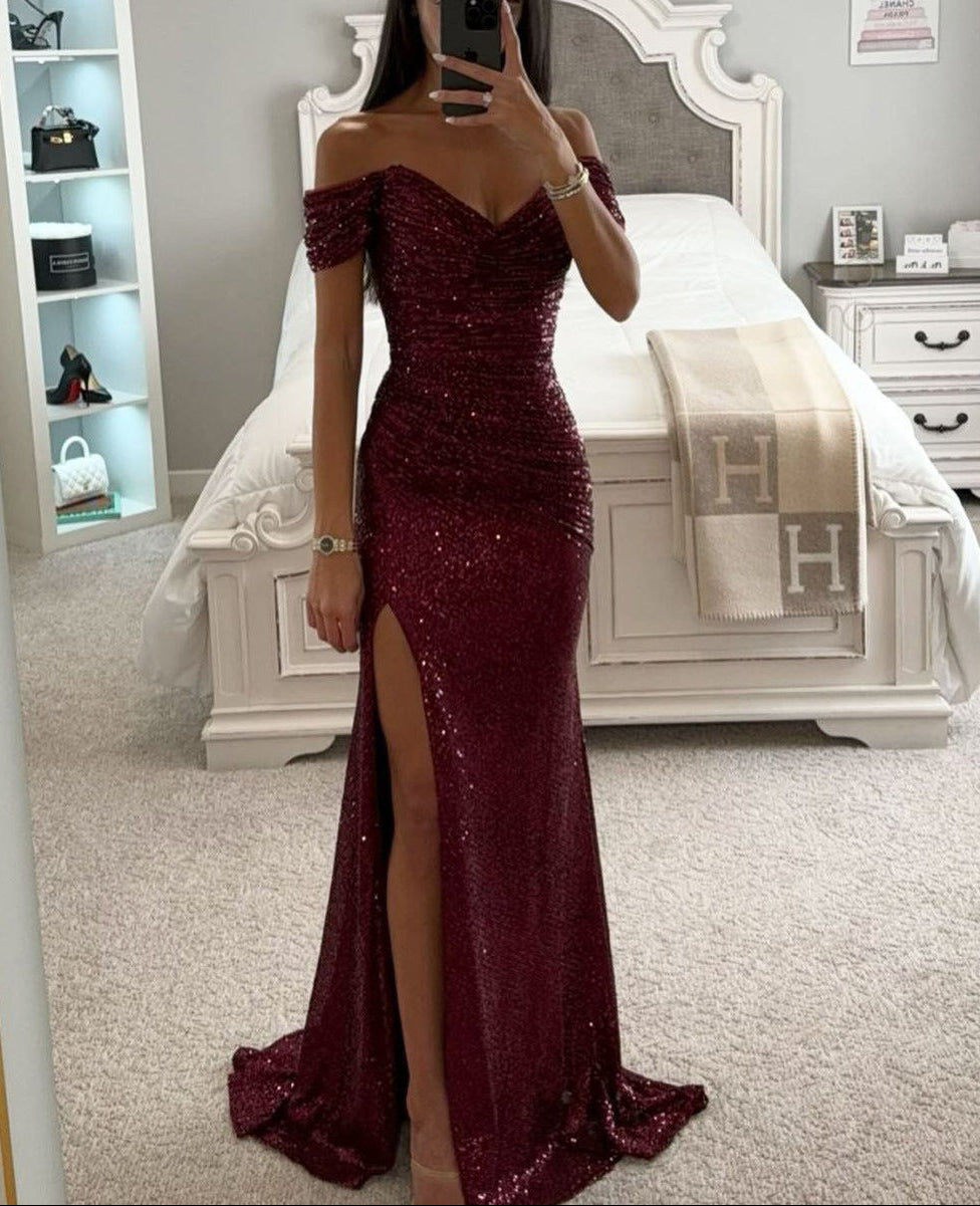 Eulalie | Women's Sequin Ruched Off-Shoulder Maxi Dress