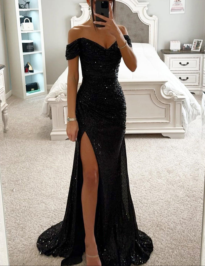 Eulalie | Women's Sequin Ruched Off-Shoulder Maxi Dress