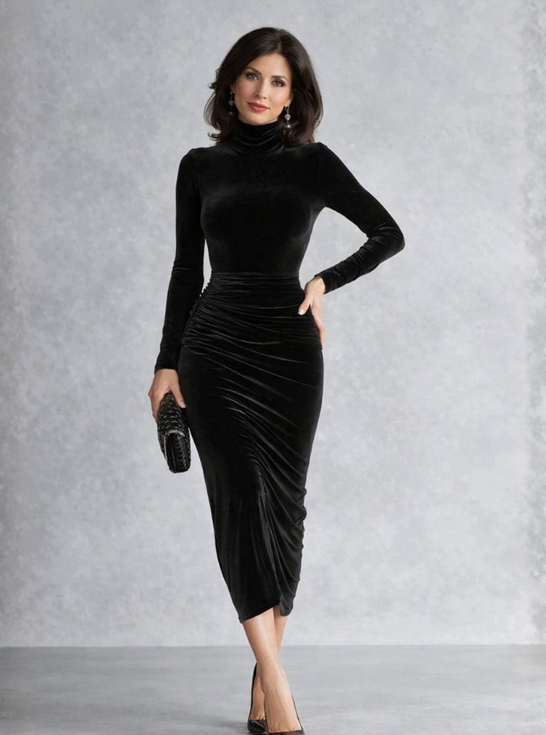 Saskia | Women's Velvet Ruched Mock-Neck Long-Sleeve Dress