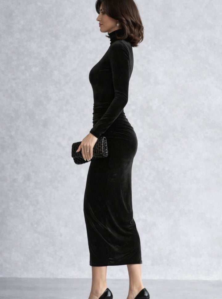 Saskia | Women's Velvet Ruched Mock-Neck Long-Sleeve Dress