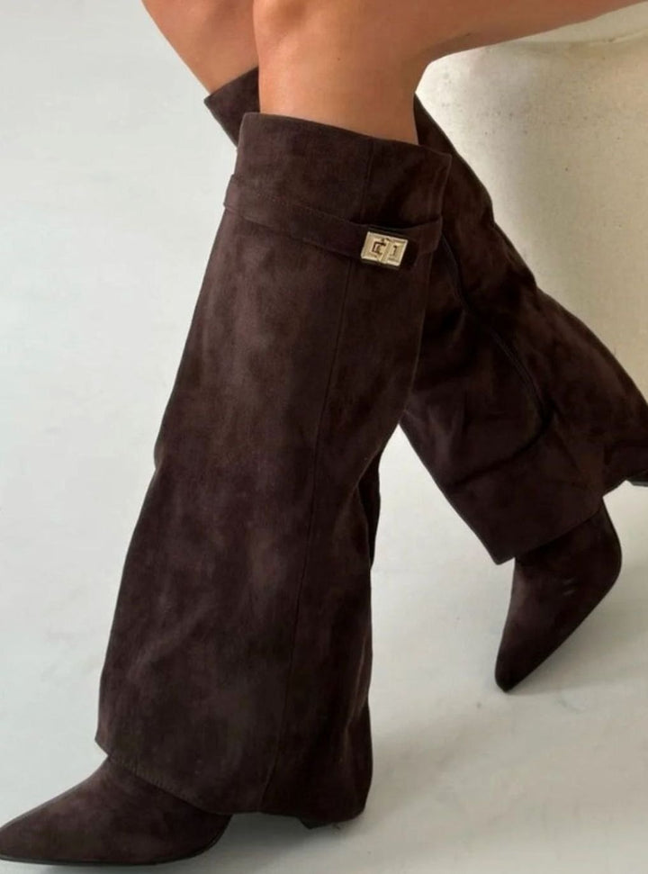 Amalthea | Women's Suede Pointed-Toe Block-Heel Knee-High Boots