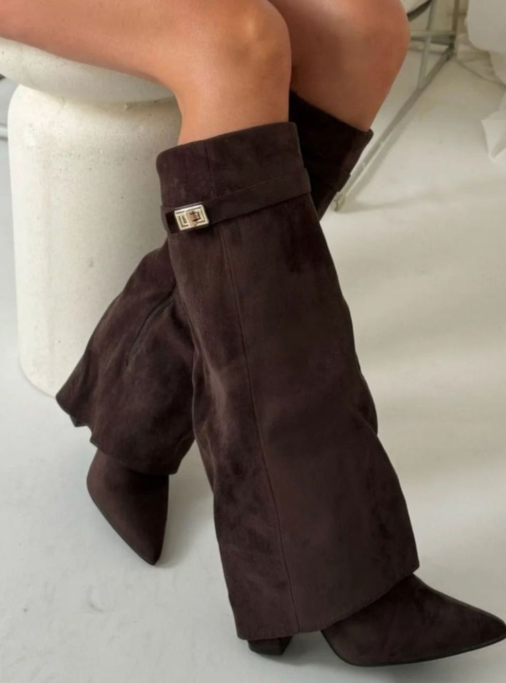 Amalthea | Women's Suede Pointed-Toe Block-Heel Knee-High Boots