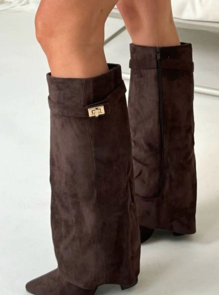 Amalthea | Women's Suede Pointed-Toe Block-Heel Knee-High Boots