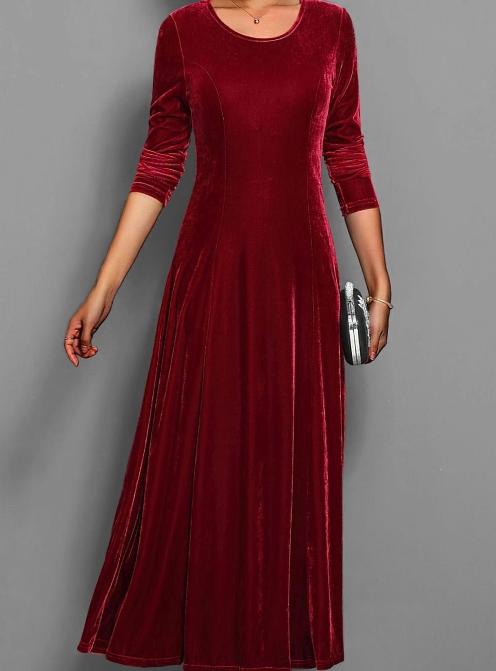Alix | Women's Velvet A-Line Scoop-Neck Long-Sleeve Dress