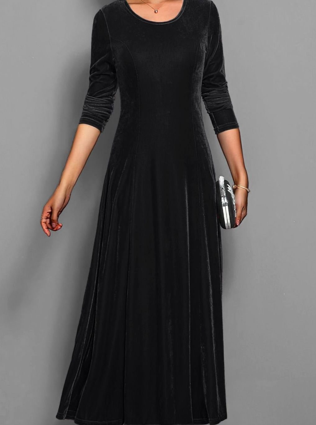Alix | Women's Velvet A-Line Scoop-Neck Long-Sleeve Dress