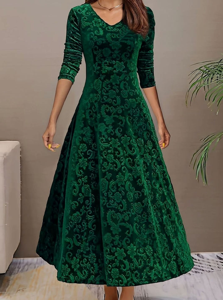 Perrine | Women's Velvet A-Line V-Neck Long-Sleeve Dress