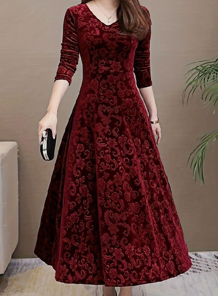 Perrine | Women's Velvet A-Line V-Neck Long-Sleeve Dress