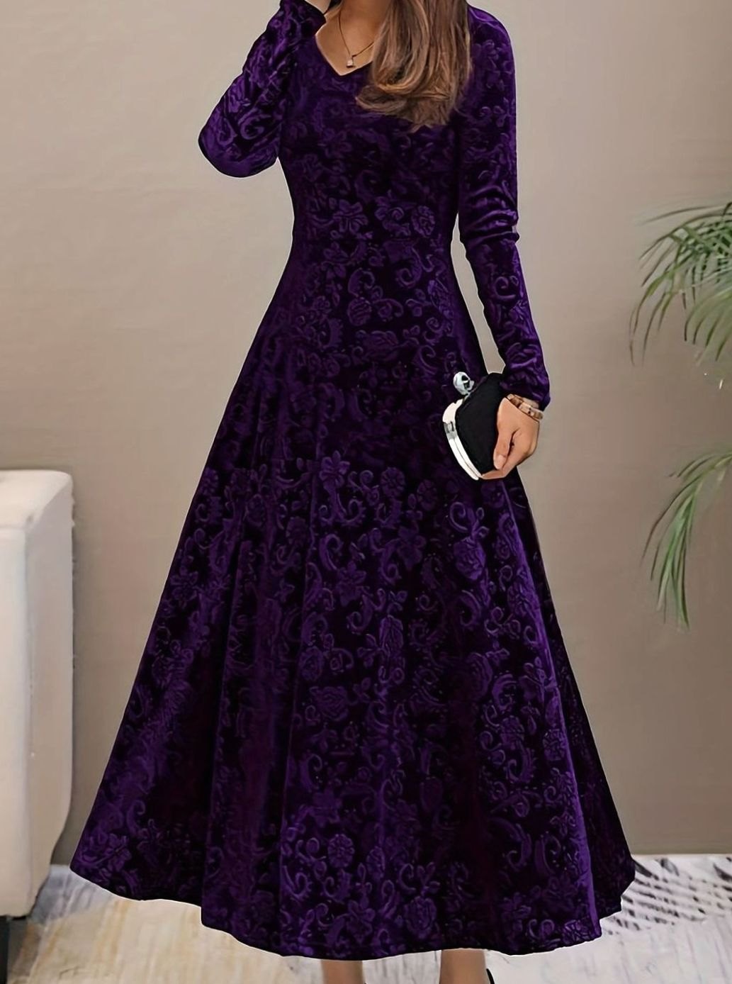 Perrine | Women's Velvet A-Line V-Neck Long-Sleeve Dress