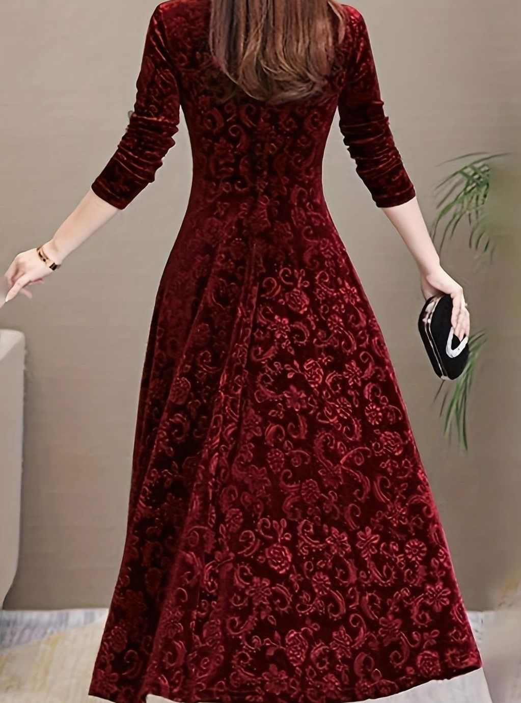 Perrine | Women's Velvet A-Line V-Neck Long-Sleeve Dress