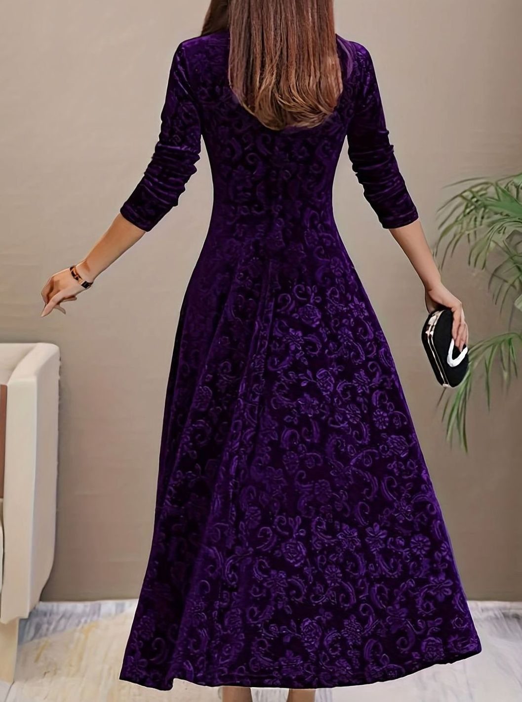 Perrine | Women's Velvet A-Line V-Neck Long-Sleeve Dress