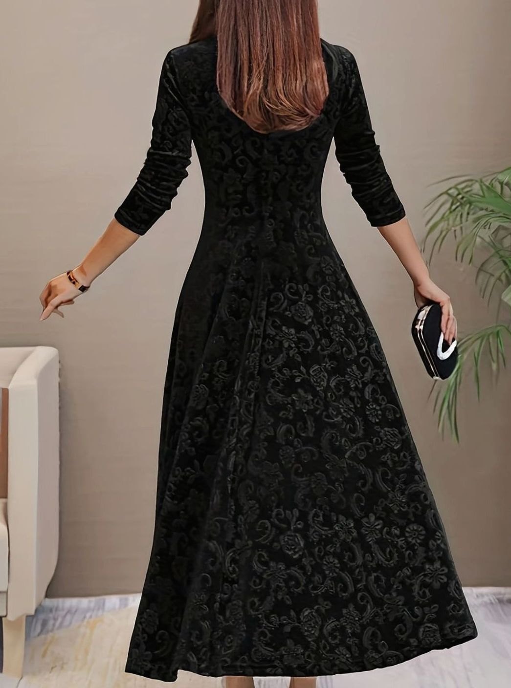 Perrine | Women's Velvet A-Line V-Neck Long-Sleeve Dress