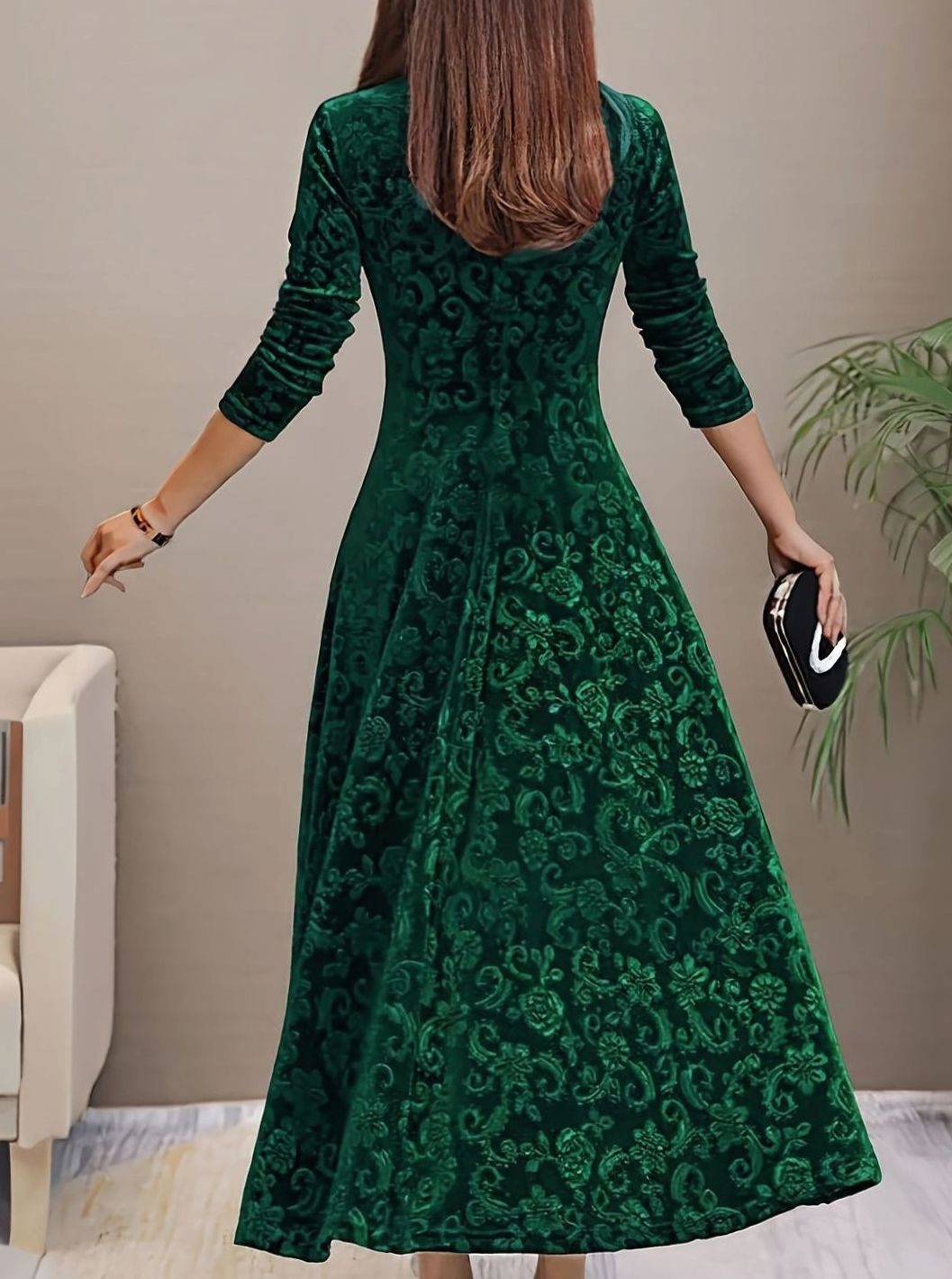 Perrine | Women's Velvet A-Line V-Neck Long-Sleeve Dress