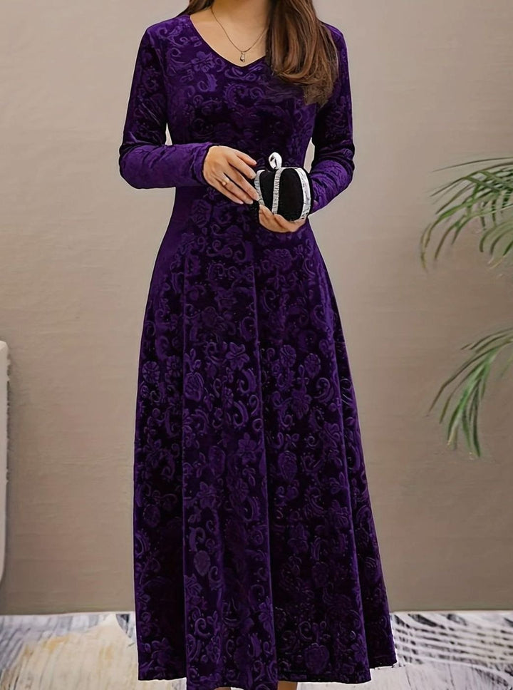 Perrine | Women's Velvet A-Line V-Neck Long-Sleeve Dress
