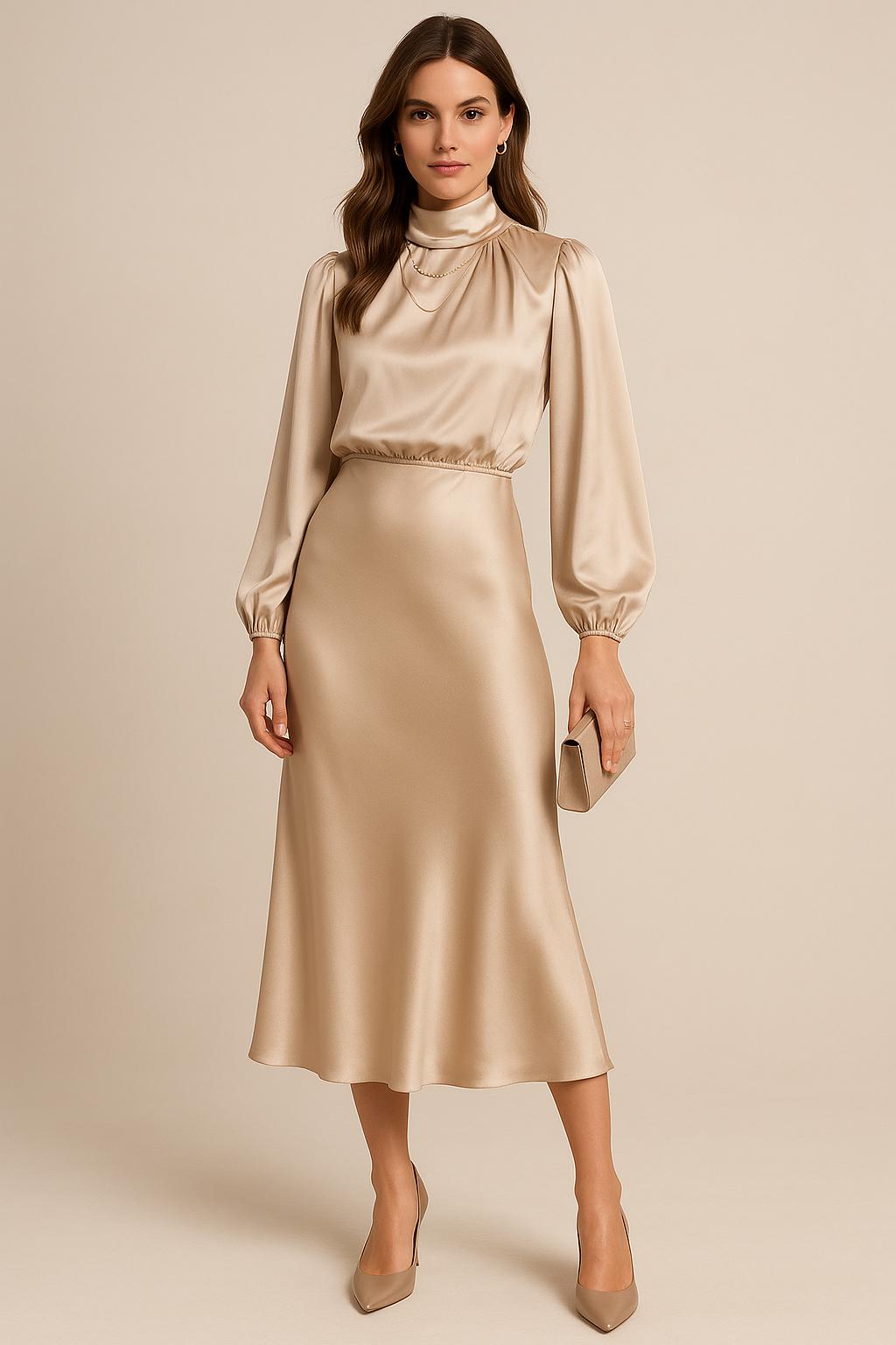 Reine | Women's Satin Mock-Neck Long-Sleeve Midi Dress