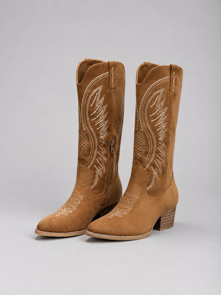 Dorinda | Women's Suede Two-Tone Pointed-Toe Block-Heel Boots