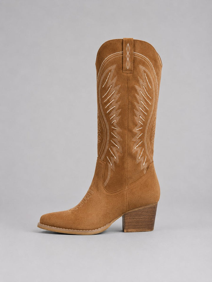 Dorinda | Women's Suede Two-Tone Pointed-Toe Block-Heel Boots