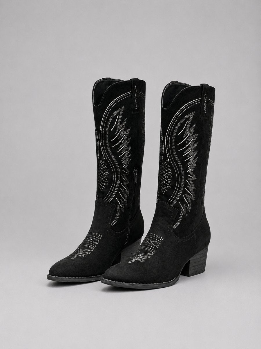 Dorinda | Women's Suede Two-Tone Pointed-Toe Block-Heel Boots