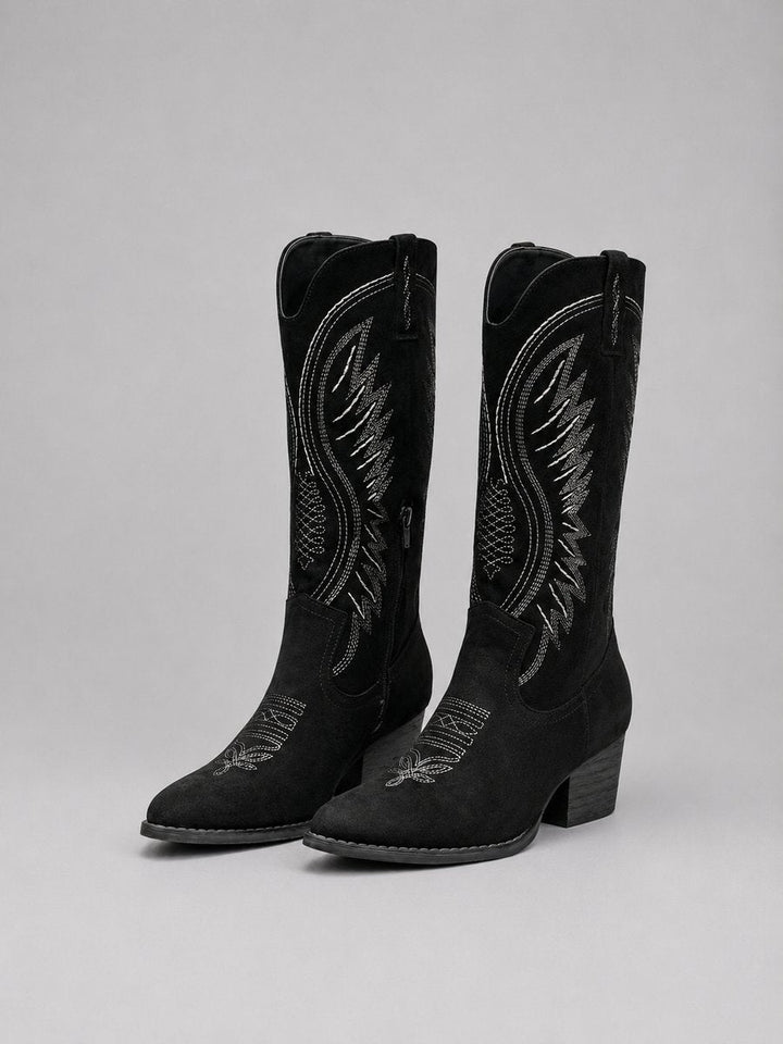 Dorinda | Women's Suede Two-Tone Pointed-Toe Block-Heel Boots